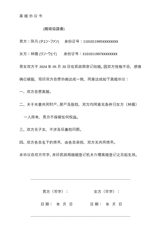 中国の離婚協議書見本。中国ショートドラマで出てきます。
